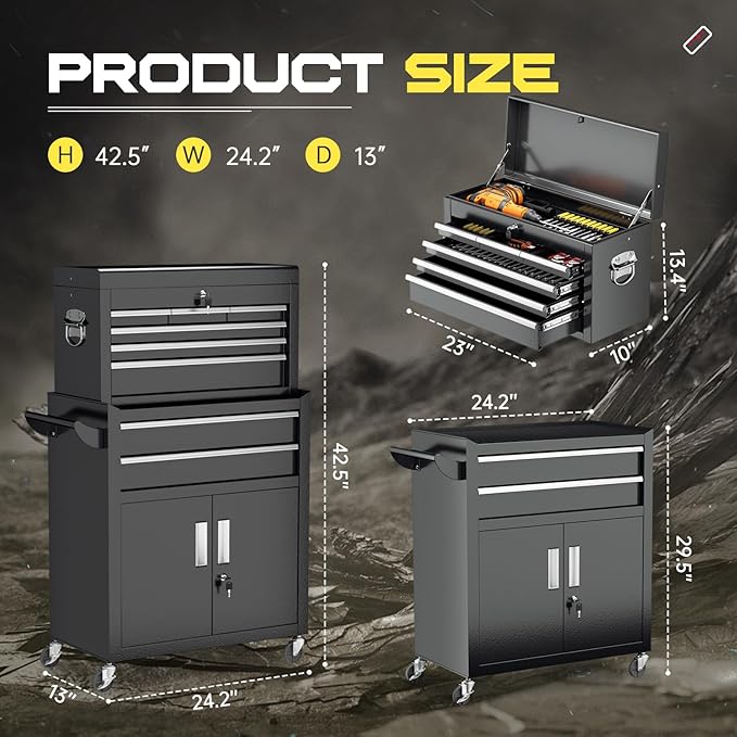 8-Drawer Rolling Tool Chest with Lock, Detachable Tool Cabinet Cart with Wheels, High-Capacity Mechanic Tool Organizer for Garage Workshop Warehouse Storage