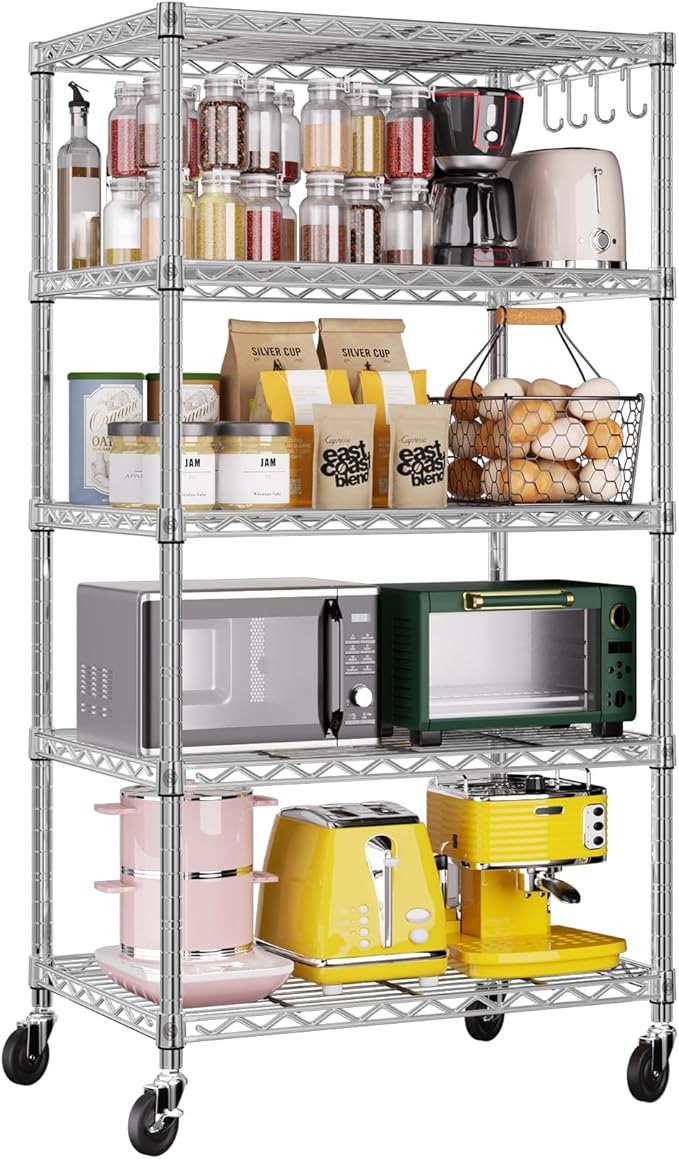 PrimeZone 75" H Wire Shelving 5 Tier Slim Steel Storage Metal Shelves with Wheels,Adjustable Kitchen Utility Shelving Unit,Pantry Rack Rolling Metal Shelf Chrome 24" Wx18 Dx75 H