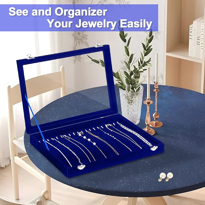 Jenseits Jewelry Display Box For Necklace Organizer, Velvet Necklace Storage Tray For Drawer, 20 Hooks Large Velvet Showcase Holder, Jewelry Organizer With Transparent Lid, Gifts For Her - Blue