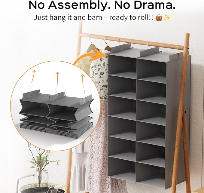 Dual-Row Hanging Closet Organizer – Foldable Clothes Storage Shelves with 3 Hooks, Space-Saving Wardrobe Organizer for Dorm Rooms, Bedroom or Closet (Grey, 6 Tier)