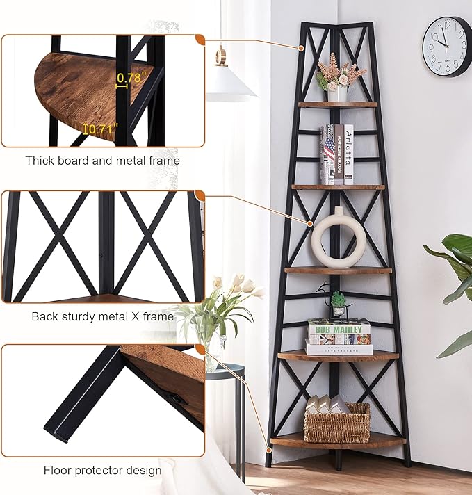 HOMBAZAAR 72 Inch Tall Corner Shelf, 5 Tier Corner Ladder Bookshelf, Tall Corner Bookcase with Metal Frame, Rustic Shelf Stand for Living Room, Bedroom, Office, Rustic Brown