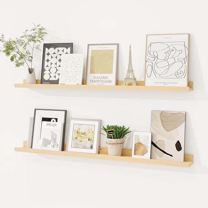 Picture Ledge Shelf, Floating Shelves Set of 2, 36 Inches Solid Wood Nursery Book Shelves for Toys Storage, Kids Bookshelf Wall Mounted for Living Room Decor Books Photo Frames, Unfinished Natural