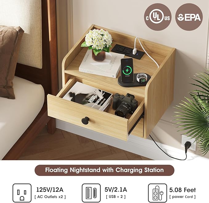 Floating Nightstand Set of 2 with 2 Storage Drawers and Charging Station Wood Wall Mounted Bedside End Table Modern Night Stands Set 2 for Bedroom,Small Space,Natural