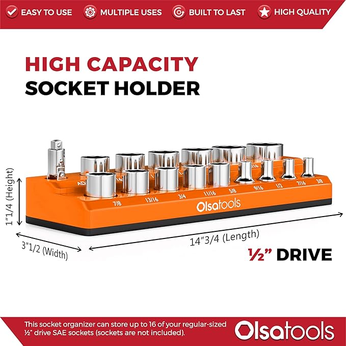 Olsa Tools Magnetic Socket Organizer | 1/2-inch Drive | SAE | Orange | Holds 16 Sockets | Professional Quality Tools Organizer