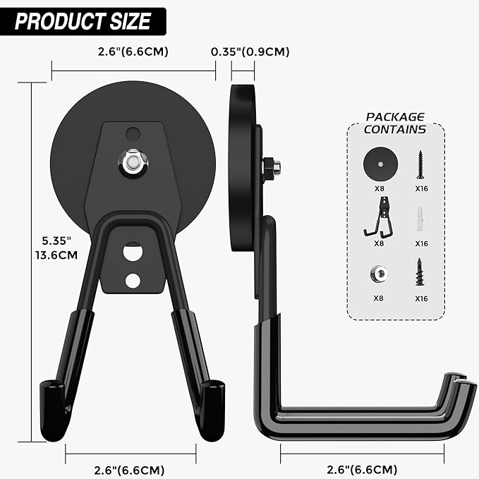 8 Pack Heavy Duty Storage Magnetic Utility Hooks Large Garage Strong Extra Magnet Hooks Hanger with Anti-Slip Coating Heavy Duty Magnetic Hooks for Hanging Power Dril Garage Garden Tools Black