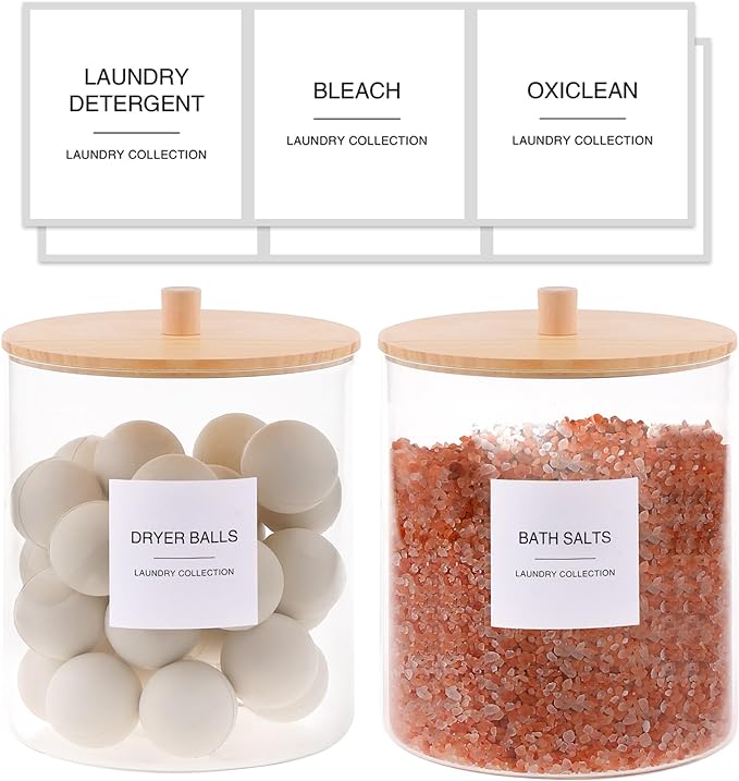 Glass Jars for Laundry Room Organization, Laundry Pods Container with 27 Labels, Detergent Holder with Bamboo Lid, Cute Storage Jars (Set of 2)