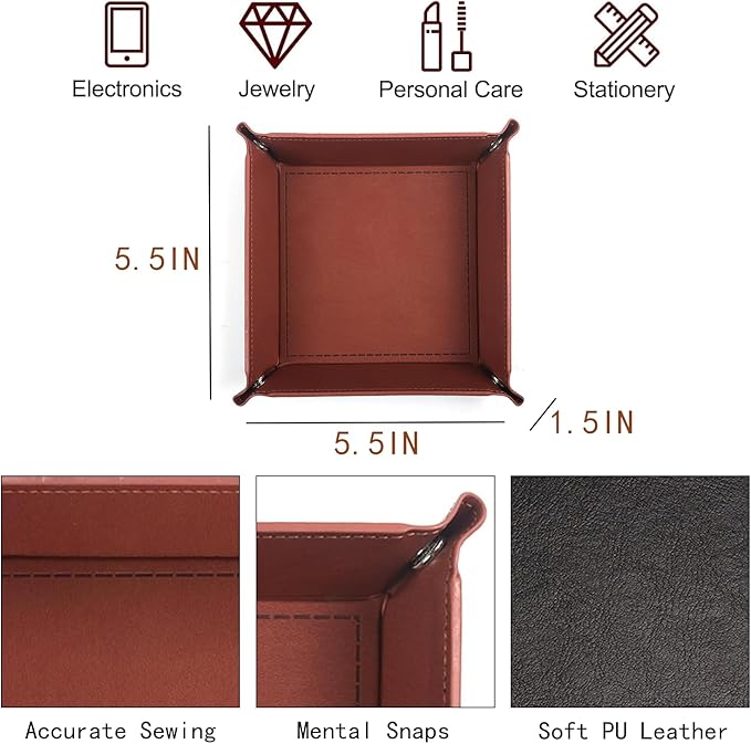 Valet Tray Organizer, 5.5" Square Catch All Tray for Men & Women - for Nightstand, Entryway,Desk & Dresser Top | Jewelry & EDC Holder for Watches, Rings, Keys, Wallet, Phone, Glasses