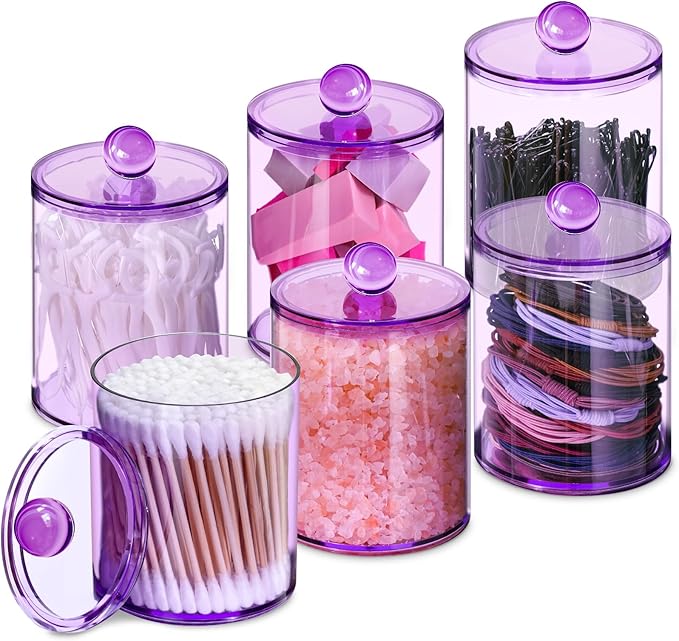 6 Pack Qtip Holder,Canister Apothecary Jar Set, Bathroom Jars with Lids Set for Cotton Swabs, Balls, Pads, Floss Picks,10oz-12oz Plastic Canisters Restroom Bedroom Vanity Organizer(Purple)