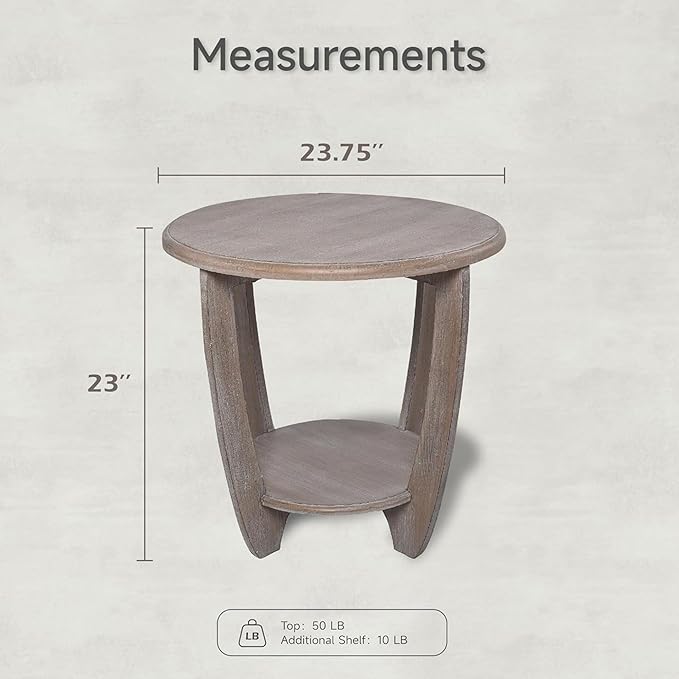 COZAYH Rustic Farmhouse End Table with Storage Shelf, French Country Modern Round Accent Side Table for Small Spaces, Vintage Grey Finish