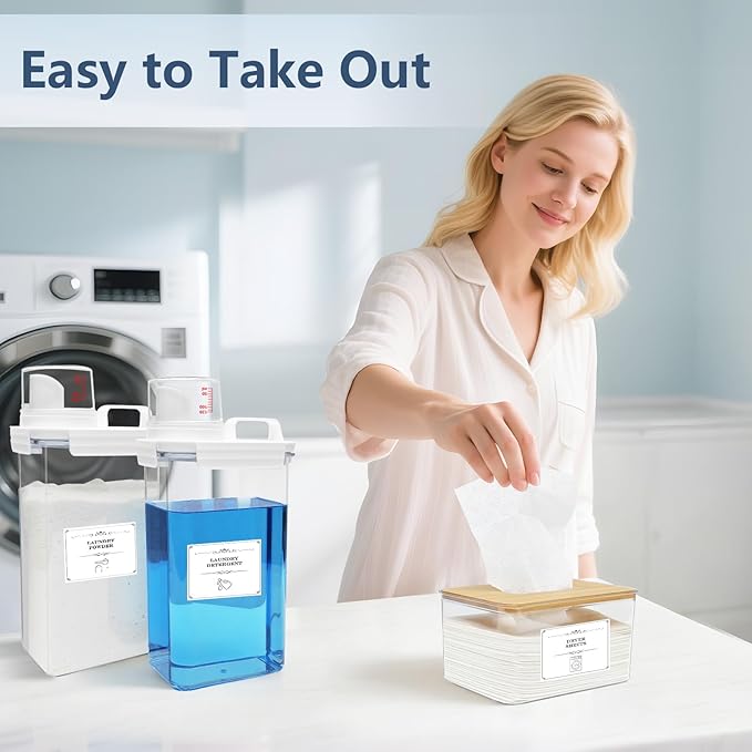 2+1 Pack Laundry Detergent Dispenser and Dryer Sheet Holder Set, 78 oz Laundry Soap Dispenser, Plastic Liquid Fabric Softener Dispensers for Laundry Room Organization with 12 Labels