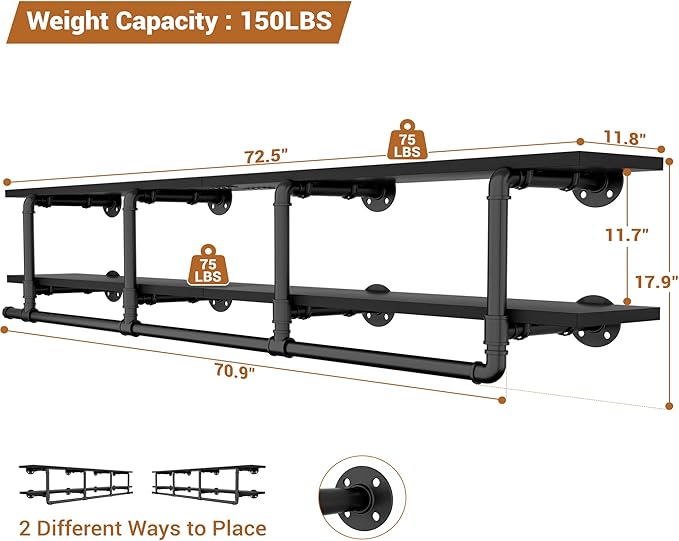 Aheaplus Industrial Pipe Clothes Rack with Top Shelf, 73In Space-Saving Wall Mounted Clothing Rack, 2 Tiers Heavy Duty Pipe Clothing Shelves with Hanging Rod for Laundry Room, Closet Storage, Black