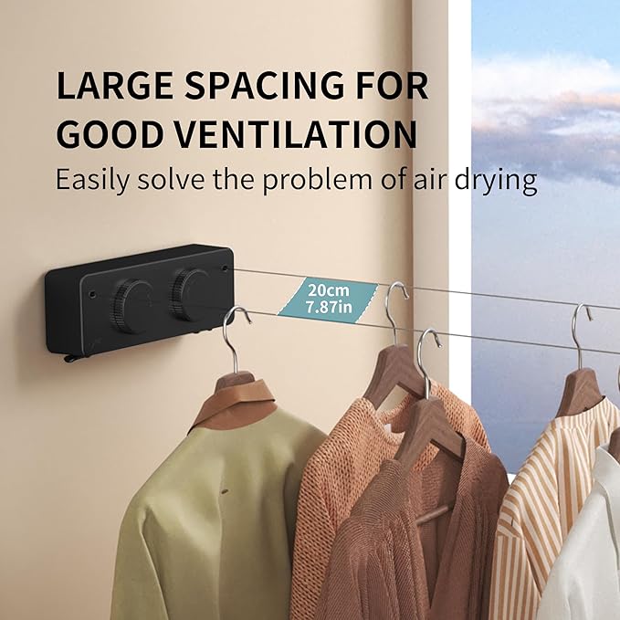 JOOM Retractable Clothesline Indoor Outdoor Clothes Line - Heavy Duty Clothes Drying Laundry Line - Wall Mounted Drying Rack - Air Dry Clothing Lock to Prevent Sagging (Two line,Black)