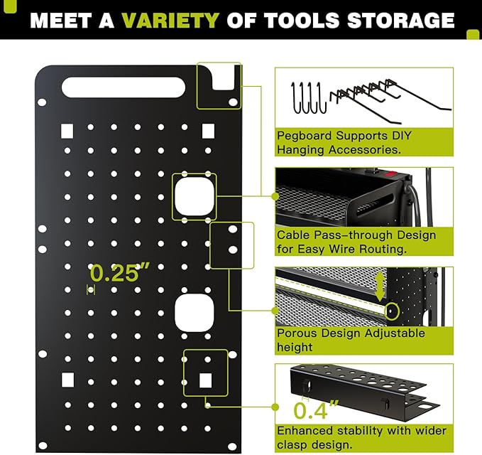 Power Tool Organizer Wall Mount with Charging Station,Cordless Tool Organizer 8 Drill Holder, 4 Layer Storage Rack for Garage Organization,Tool Holder with 8 Outlet Power Strip (Black)