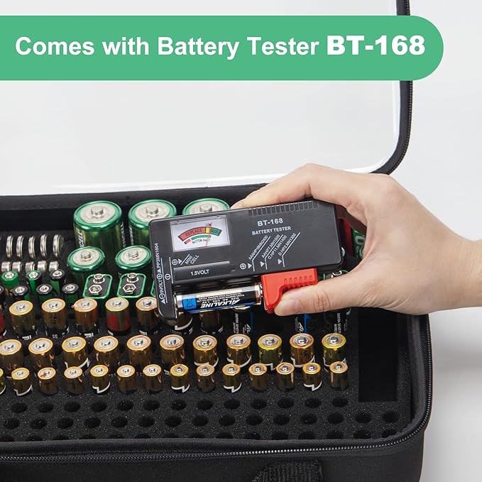 Battery Organizer Storage Case with Tester, Hardshell Portable Checker Carrying Case Holds Batteries AA AAA AAAA C D 9V, Battery Organizer Storage Box (Clear Hold 200+ Cell)