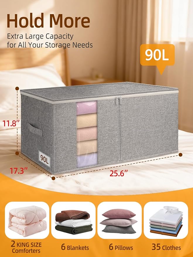 90L King Size Comforter Storage Bags with Rigid Panel,Large Blanket Storage Organizer for Closet,Bedding Sets Stackable Container with Clear Window & Smooth Zippers,Foldable Clothing Storage Bin,2Pack