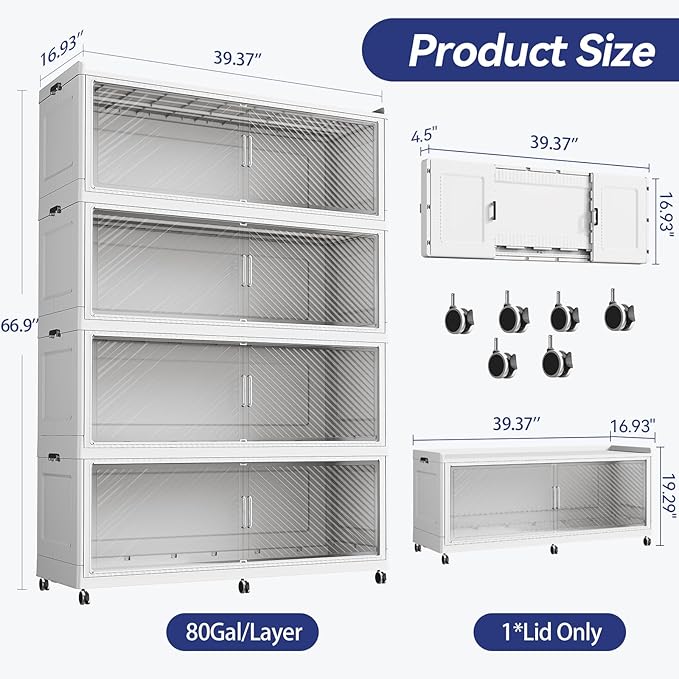 320 Gallon Extra Large Collapsible Storage Bin with Lid, 960QT Stackable Plastic Organizer with 6x Wheels, Foldable Drawer Cabinet for Closet, Living Room Office, Kitchen 4Pack, White