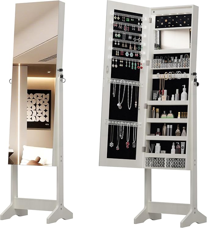 Montary Jewelry Cabinet Armoire with Full Length Mirror with stand, Freestanding Jewelry Armoire Organizer, Lockable Storage Cabinet, Interior Lighted Mirror, White