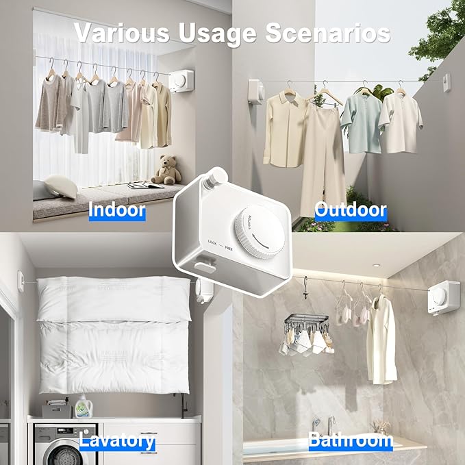 Retractable Clothesline Indoor, Non-Sagging Outdoor Clothes Line Retracting Heavy Duty Clothes Drying Laundry Line Wall Mounted Stainless Steel Line-13.8 Feets(White)