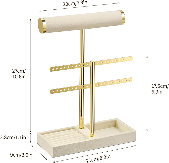 2 Tier Bracelet Holder Display - Detachable T Bar Beige Velvet Bracelet Holder, Jewelry Holder Organizer for Bracelet, Necklace, Earrings, Rings