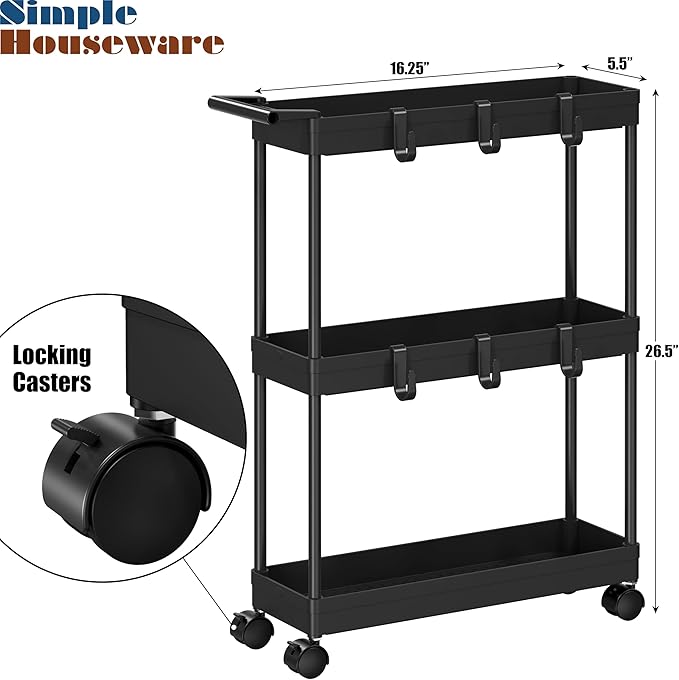 Simple Houseware 3-Tier Slim/Narrow Storage Cart with Handle, 5.5'' Wide x 26.5'' Height Rolling Organizer for Kitchen, Bathroom, Laundry Room - Black