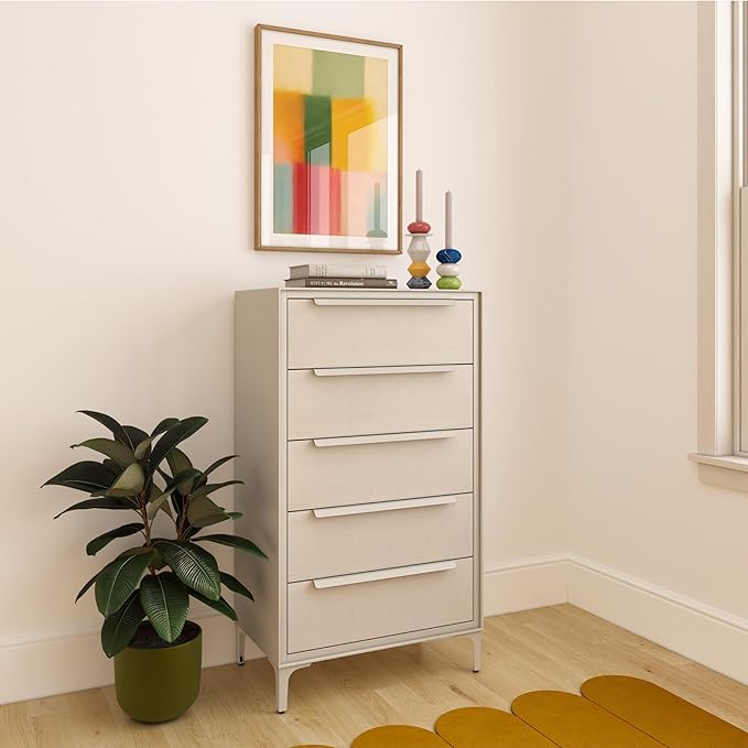 tinge Naima Premium Fabric Dresser - Strong Metal Frame, 5 Spacious Sag-Proof Drawers with Sleek Metal Handles - Premium & Durable Storage Solution for Your Home (Beige)