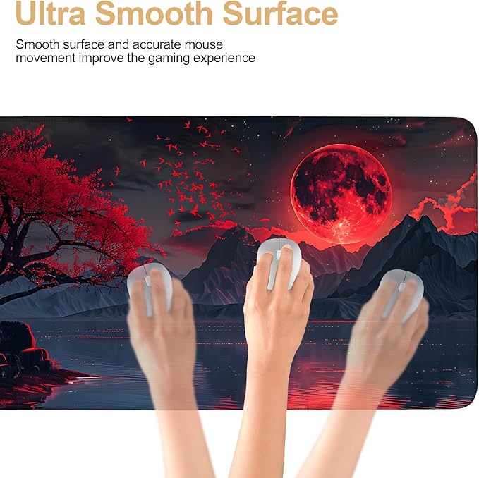 Large Mouse Pad, Red Moon Landscape Desk Mat, Extended Gaming Mouse Pad with Non-Slip Rubber Base, Thick 3mm Smooth Surface Keyboard Mat for Office & Home,35.5 x 15.8 in