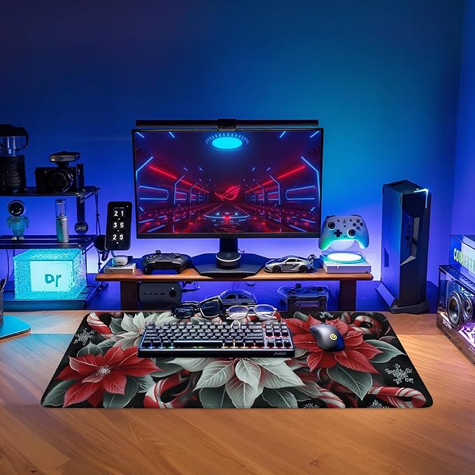 Christmas Flowers Gaming Mouse Pad 31.5"x11.8"Desk Mat Anti-Slip Rubber Base & Durable Stitched Edges for Gamers Smooth Mouse Writing Surface for Desk Office/Home