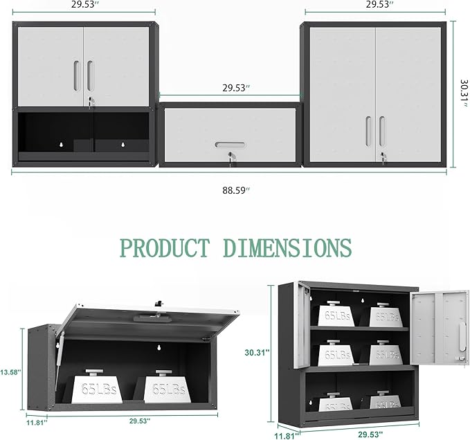 Metal Tool Cabinet,Garage Storage Cabinet System,Wall Cabinet & Locking Rolling Tool Cabinet with Doors and Adjustable Shelves,Steel Tool Cabinets for Home (3 Pcs-StyleA, Black & Grey)