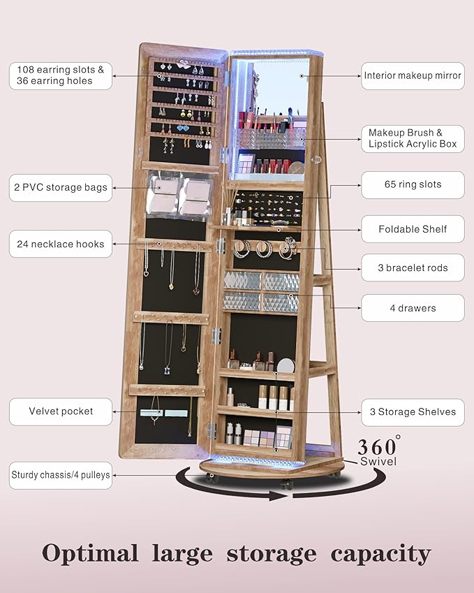 Full Length Mirror with Storage, Standing Mirror Jewelry Cabinet with 3 Color LED Lights, 360° Swivel Jewelry Armoire with Mirror & Storage Shelves, Brown