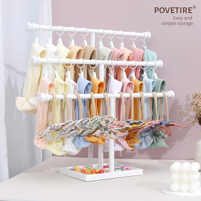 POVETIRE Headband Holder Stand Storage for Baby, 3 Tier Wooden Bow Organizer for Girls Hair Bows, Infant Hair Accessories Rack Display for Nursery Decor