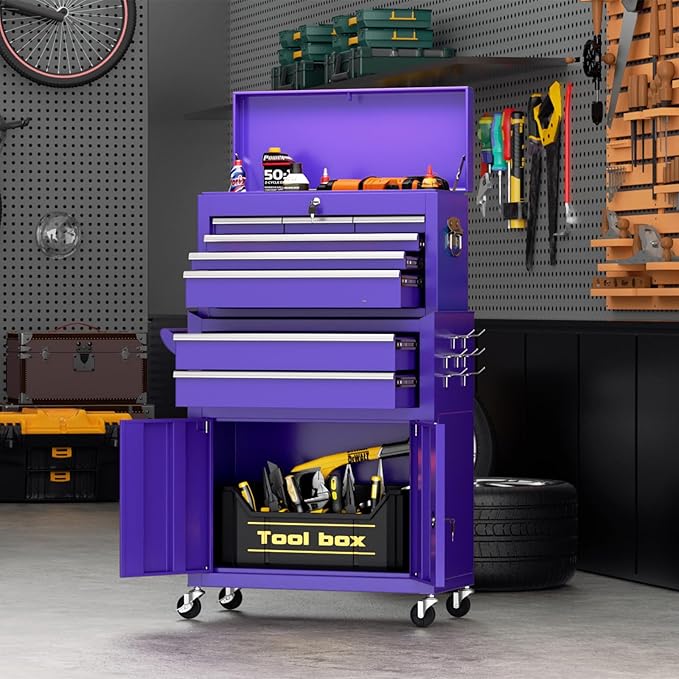 8-Drawer Rolling Tool Chest with Lock, Detachable Tool Cabinet Cart with Wheels, High-Capacity Mechanic Tool Organizer for Garage Workshop Warehouse Storage(Purple)