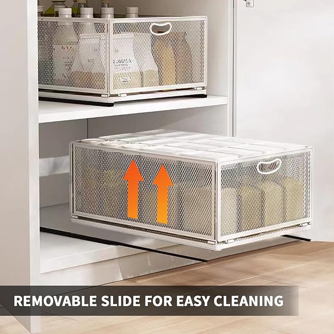 Sliding Cabinet Basket Organizer Drawer Self Adhesive Slide out Pantry Shelves Heavy Duty Carbon Steel Slide Cabinet Storage Basket with Handle for Bathroom Kitchen Home