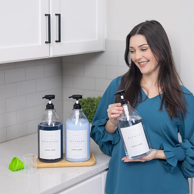 Liquid Bleach Dispenser for Laundry Room - Decorative 64-Oz PET Plastic Container with Waterproof Label - Includes Pump, Screw Cap, and Collapsible Funnel (Bleach Bottle)