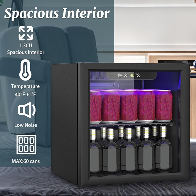 Compact 60 Can/1.3 Cu.Ft Mini Fridge For Soda, Beer Or Wine, Portable Small Beverage Refrigerator With Digital Display&Removable Shelves &Reversible Glass Front Door For Office, Dorm, Bar