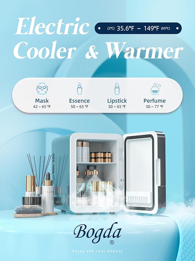 BOGDA Mini Skincare Fridge (4 Liter/6 Can) with Dimmable LED Light Mirror, Cooler and Warmer for Refrigerating Make Up, Skin Care and Food, Portable Mini Fridge for Bedroom, Office and Car, Grey
