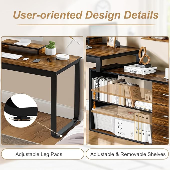 55 Inch L Shaped with Storage Shelves, Corner Computer Desk with Drawers, Home Office Desk with Removable Monitor Stand, Study Desk for Kids, Black