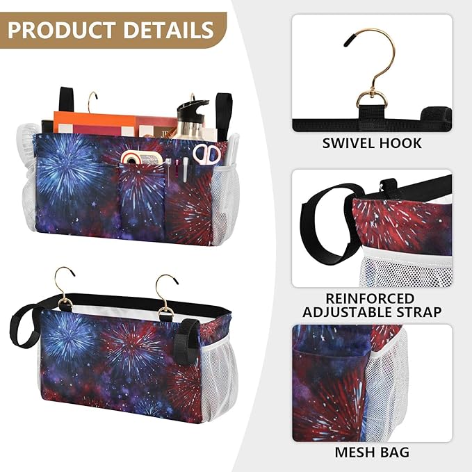 American Tie Dye Stars and Fireworks Bedside Caddy for Dorm Bed Bedside Hanging Caddy Bag Iron Frame Storage Organizer Pocket for Bunk Home College Hospital Beds 2 Hooks
