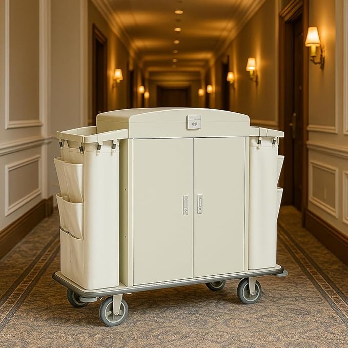 Heavy Duty Metal Housekeeping Janitorial Cart with Wheels,Silent Casters,Locking Large Capacity Cabinets,Cleaning cart for Housekeeping/Commercial Facility/Hotel/Stadium/School