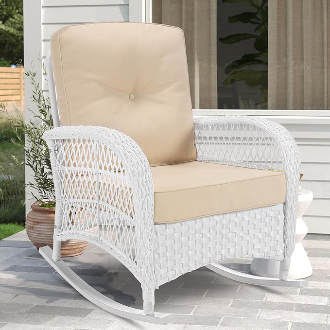 VIVIJASON Outdoor Wicker Rocking Chair, Patio Rattan Rocker Chair with Cushions & Steel Frame, All-Weather Rocking Lawn Furniture for Garden Backyard Porch (White Wicker/Beige)