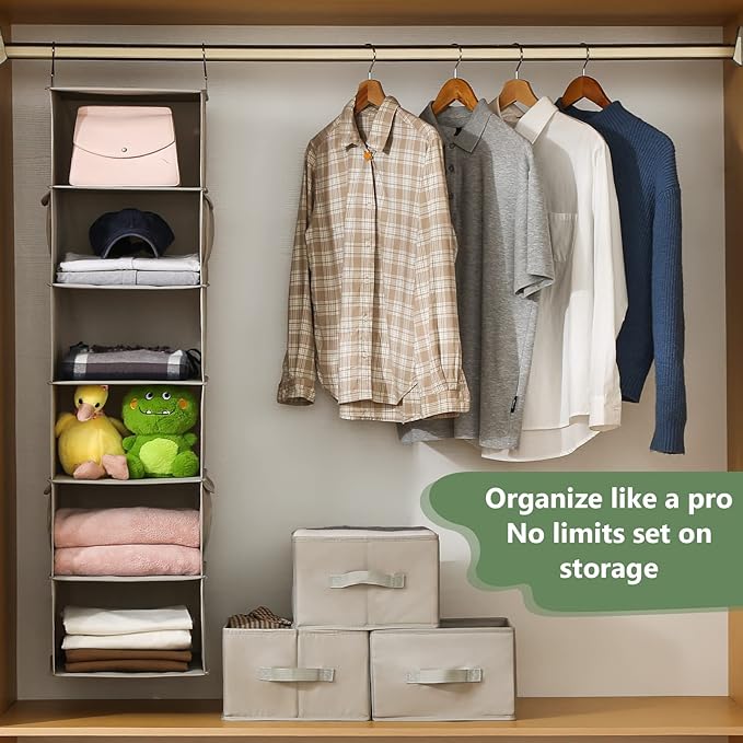 6-Shelf Hanging Closet Organizer with 3 Drawers, 6-Shelf Inseparable Closet Organizers and Storage for Wardrobe Organization, Hanging Dresser for Nursury & Dorm Clothes Organizer, Silver Gray