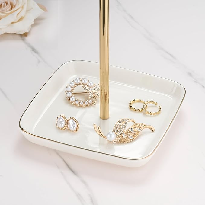 Jewelry Holder Stand with Ceramic Base: 12" Tall Necklace Organizer Rack, Tree Design Display Storage for Necklaces, Bracelets, Rings, Earrings, Aesthetic Room Décor for Girls and Women, Gold