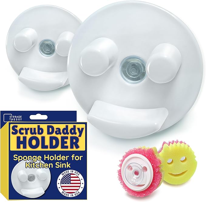 BeraTek Smiley Face Sponge Holder for Kitchen Sink – Sponge Daddy Caddy with Suction Cup Keeps Happy Face Sponges Dry & Organized – Sink Scrub Holder – White, 2 Pack