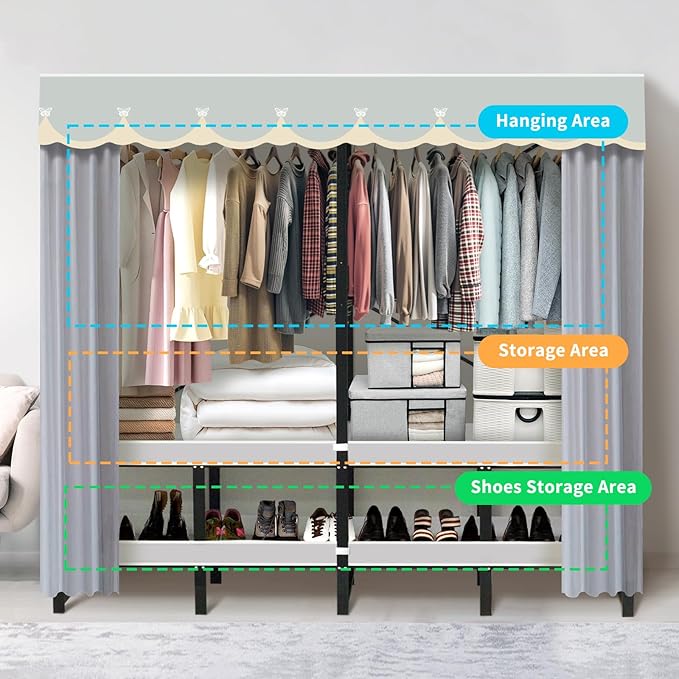 Portable Closet Rack Heavy-Duty Foldable Garment Racks with Cover 1200lbs Enclosed Wardrobe Closet with Independent Area for Hanging Clothes Storaging of Bedding (59in*20in*67in)