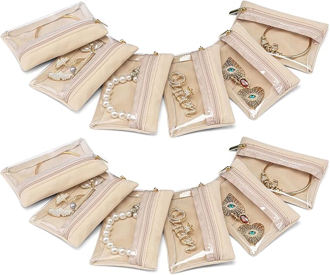 Vlando 12 Pcs Travel Jewelry Organizer Velvet Jewelry Pouch with Zipper Clear Travel Jewelry Bag for Travel Business Trip Mother‘s Day Gift for Mom Wife Women