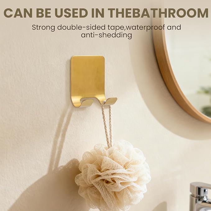 4-Pack Self-Adhesive Waterproof Hooks - Heavy-Duty Metal Razor Holder for Shower, Bathroom or Kitchen Organization,Stylish Gold Towel & Loofah Wall Hangers