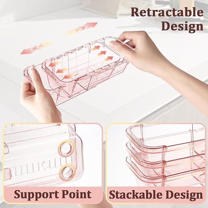 20 Pcs Adjustable Clear Drawer Organizer, Extendable Vanity Storage Bins, Desk Drawer Organizer Set for Makeup, Cosmetics, Bedroom, and Gadgets, Pink