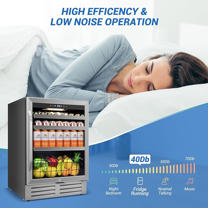 24" Beverage Refrigerator Undercounter | 180 Can Capacity | Built-In Undercounter Cooler | Glass Door for Soda, Water, Beer | Home, Bar, or Office Use