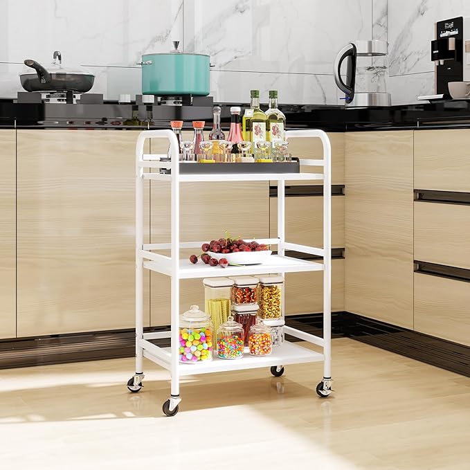 HDANI 3 Tier Rolling Cart Shelves,Heavy Duty Multifunctional Metal Frame-Supports 22 Lbs Per Tier,Rolling Cart with 2 Lockable Wheels for Home, Office,Kitchen,Bathroom,Bedroom,White