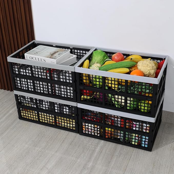 Ggbin 4 Pack Stackable Storage Crates Large, 42 L Plastic Collapsible Crates for Groceries