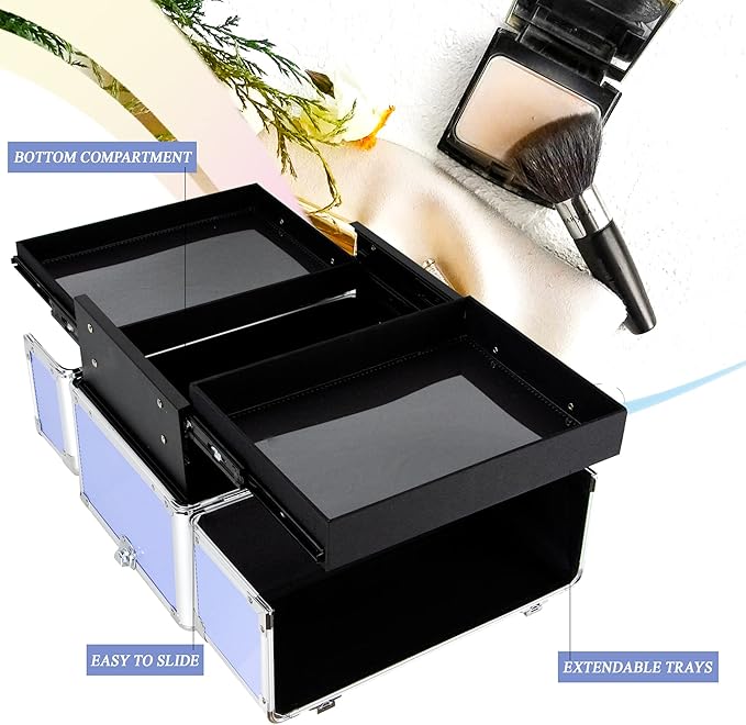 Ver Beauty Makeup Organizer, Cosmetic Travel Kit, Makeup Artist Supplies, 2 Sliding Trays, Lockable Storage Box, Makeup Train Case, Aluminium Case, Lightweight Makeup Vanity (Lavender Stripes)